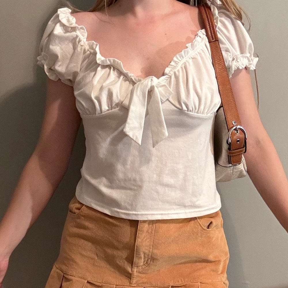 SHEIN Puff Sleeve Decorative Front Tie Top - Picture 2 of 3
